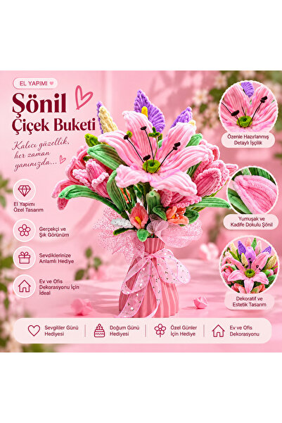 El Yapımı Şönil Çiçek Buketi Pastel Renkli – Kalıcı Dekoratif Çiçek Aranjmanı Sevgiliye Özel Hediye