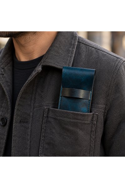 Oh Deer Leather حامل أقلام متعدد من الجلد الطبيعي - سعة 4 أقلام - أزرق