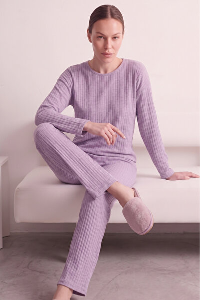 Farya Home Set de pijamale tricotate din bumbac, cu dungi, moale, de iarnă, tip interlock