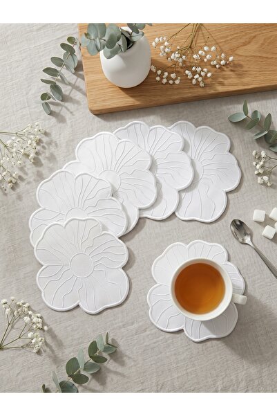 Dekahome Keten Papatya Şekilli Leke Tutmaz Bardak Altlığı ve Nihale Seti - 6'lı - 12x12 cm - Şık Sunumlar İçin İşlemeli Ekru Takım