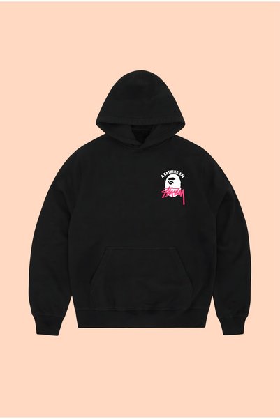PURE POWER Bape X Stussy Printed Unisex Oversize Black Cotton Hooded Printed Sweatshirt Hoodie