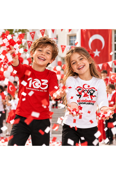 29 Ekim Cumhuriyet Bayramı Unisex Çocuk 2'li Uzun Kollu Tişört Seti Kırmızı Beyaz