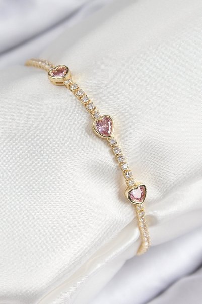 Skygo Brass Zircon Stone Pink Heart Model Gold Color Women's Bracelet Tj-Bb7687