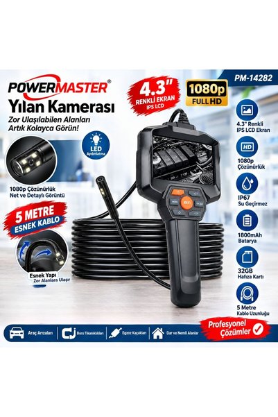 teknohediye PowerMaster 4.3 İnç IPS LCD Ekranlı 1080p 5 Metre Kablolu IP67 Su Geçirmez Dijital Endoskop Yılan Kamerası 32GB SD Kartlı Araç Boru Tıkanıklık Gider Görüntüleme Cihazı