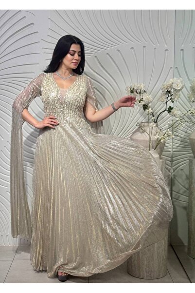 Generic Brand Luxury Pleated Shiny Beaded Evening Dress