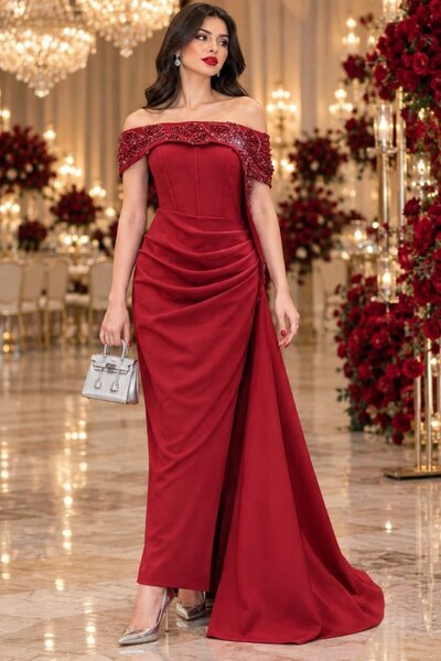BRATO Sapphire Red Evening Dress Off Shoulder Neckline Crystal Embellished Dr...