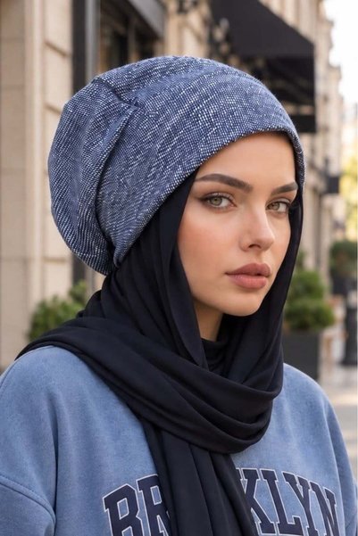 Aişe tesettür Kot Mavi Şallı Tesettür Bere