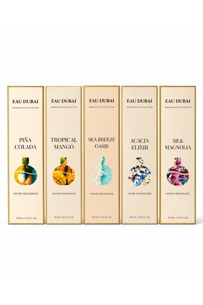 Eau Dubai Set 5 odorizante de cameră cu bețișoare, Pina Colada + Tropical Mango + Sea Breeze Oasis + Acacia Elixir + Silk Magnolia, 550 ml