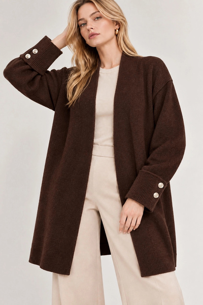 Lusin Women's Brown Stylish Long Premium Quality Knitwear Cardigan with Sleev...