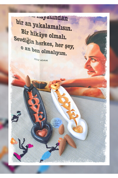 El Yapımı Kabartma Love Yazılı & Kalp Detaylı Geri Akış Şelale Tütsülük (Siyah / Beyaz Renk Seçenekli)