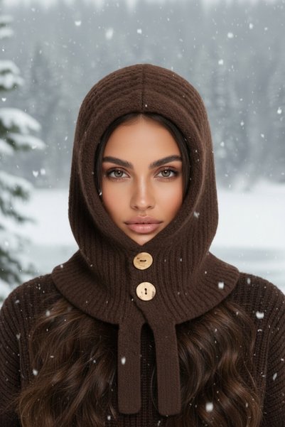 Givoria Women's Brown Balaclava Buttoned Wool Knitted Balaclava Beanie Hooded Neck Collar Women's Hat