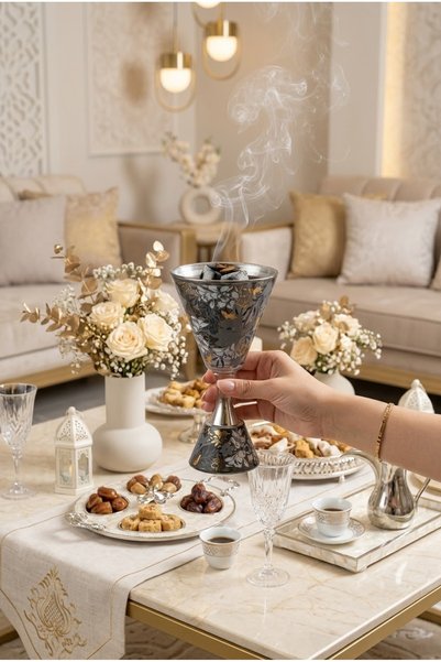 Generic Dark Grey Embossed Decorative Incense Burner 20 cm with Luxurious and Elegant Design for Home and Hospitality Use