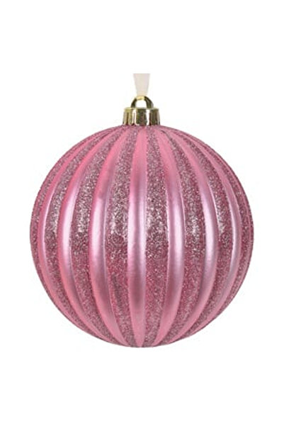 OEM Ornament Brad de Craciun Glob Roz Mat cu Dungi & GLitter Ø15cm