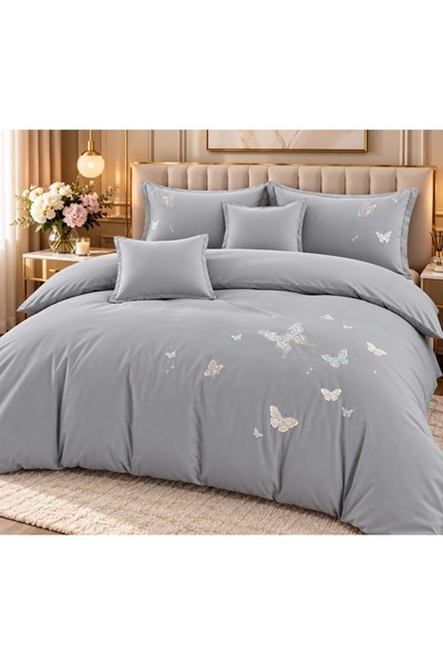East Comfort Lenjerie de Pat Matrimonială din Bumbac Satinat, 6 Piese, Cearșaf cu Elastic, Broderie Fluturi