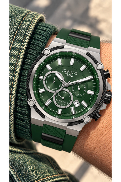 JG. Polo Club 45mm Case-Green Silicone Cord-Stainless Steel Case-5Atm-Functio...