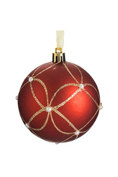 OEM Ornament Brad de Craciun Glob Rosu Mat cu Modele Aurii cu Glitter & Marge...