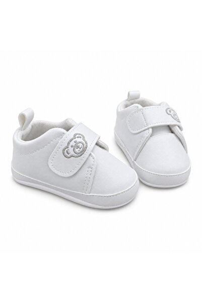 Pure Boutique Pantofi bebe albi din piele ecologica cu arici si ursulet brodat