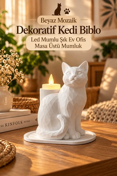 Madam Mumu Beyaz Mozaik Dekoratif Kedi Biblo Led Mumlu Şık Ev Ofis Masa Üstü ...