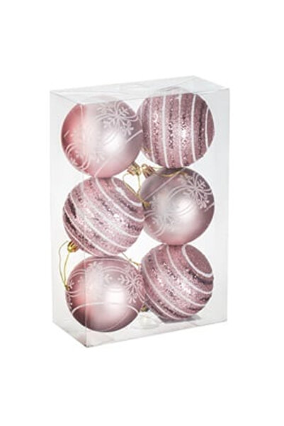OEM Set Globuri de Craciun Roz Mat Lucioase cu Dungi cu Glitter & Modele Albe...