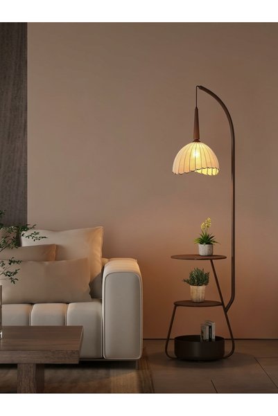 Generic Black/Wooden Versatile Side Floor Lamp with End Tables and Bottom Shelf in Modern and Sleek Design