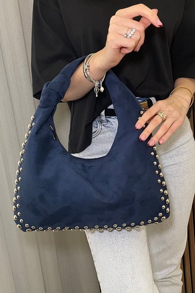 Fibag Women's Navy Blue Studded Suede Look Large Shoulder Bag
