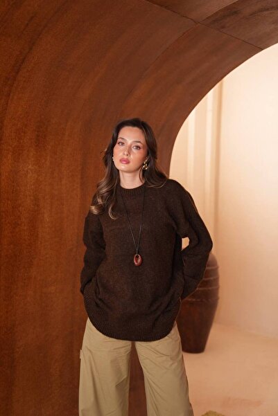 Balenbi Women's Crew Neck Loose Cut Basic Jazz Yarn Knitwear Tunic 8619 Brown