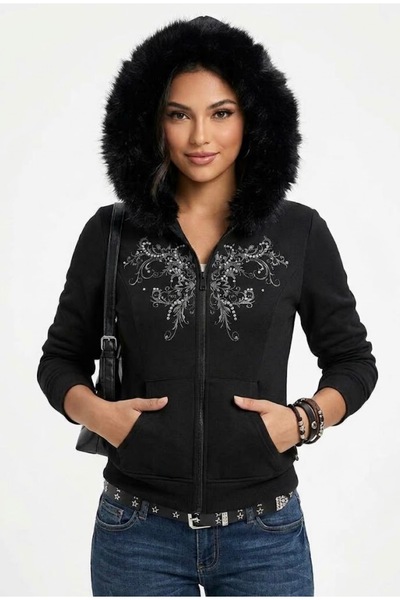 Köstebek Fur Hooded Tribal Patterned Zippered Cardigan