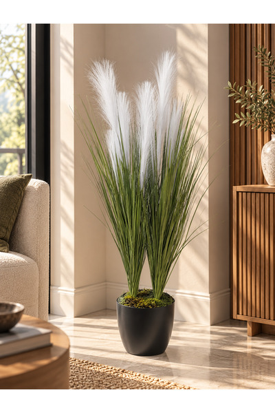 Cennet Home Pampas White 100 cm Dekoratif Yapay Saz Otu – Siyah Saksıda