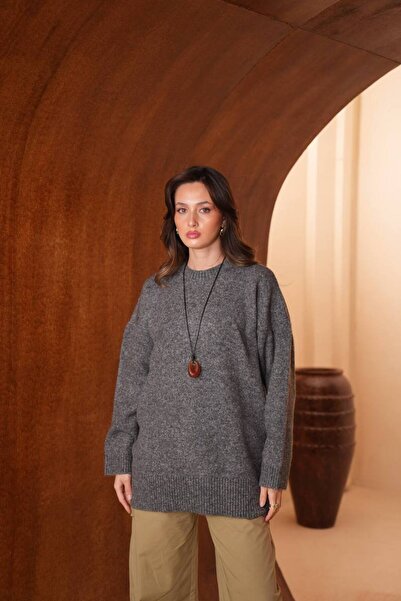Balenbi Women's Crew Neck Loose Cut Basic Jazz Yarn Knitwear Tunic 8619 Gray