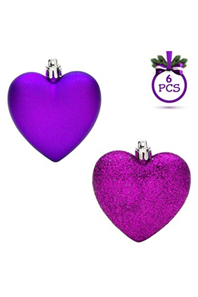 OEM Christmas Ornaments Set Purple Hearts Matte Glitter 7cm - 6pcs