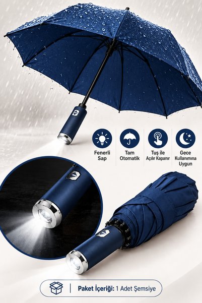 ALL FAST Tam Otomatik Lacivert Şemsiye LED El Fenerli Sap – Tek Tuşla Açılır ...