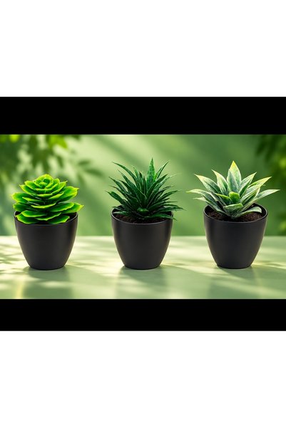 çiçek vili 3 lü sukulent set yapay çiçek bitki premium ev raf masa