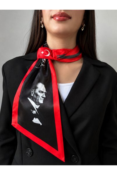 EMAYS DESIGN Ataturk Signed Premium Satin Tie Scarf Foulard – Turkish Flag Patterned with Ataturk Portrait