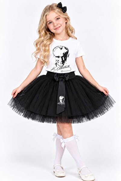 Trendmirend SET CU TRICOU ALB CU MÂNECĂ SCURTĂ IMPRIMATĂ ȘI FUSTĂ NEAGRĂ