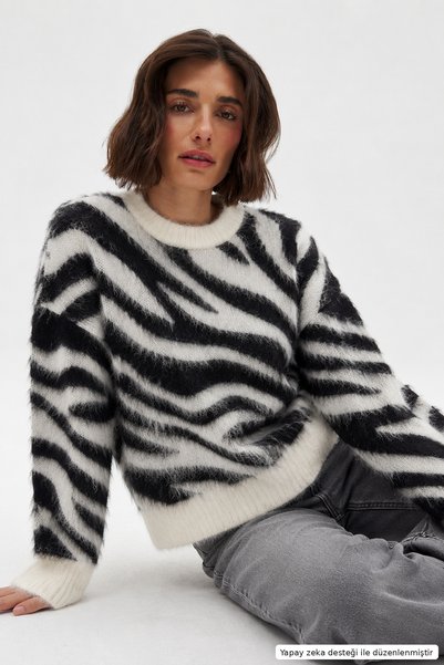 Layk Mayk Women's Zebra Patterned Soft Sweater-00556967