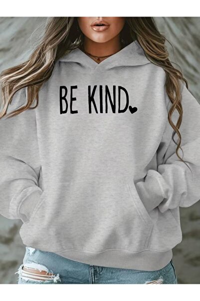 one button Women's Cute Be Kind Printed Premium Hooded 2-Thread Oversize Swea...