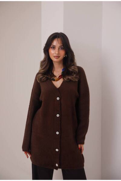 Balenbi Women's V-Neck Silver Buttoned Bearded Long Knitwear Cardigan 8603 Brown