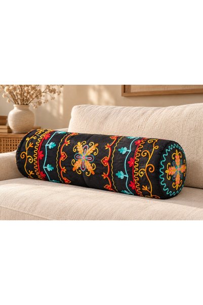 Miss Boheme Black Color Floral and Branch Embroidered Bohemian Sausage Pillow...