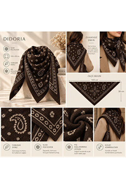 Kadın Bandana Desenli Triko Üçgen Şal Paisley Fular Kışlık Boyun Atkısı 103x38 cm - Kahverengi
