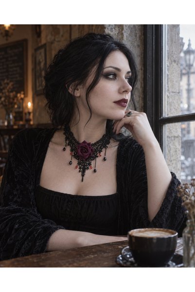 Atelier Dora Kırmızı Gül Detaylı Siyah Dantel Choker Kolye