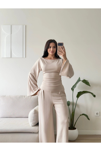 Zoom Butik Bel Büzgü İspanyol Kol Takım - BEJ