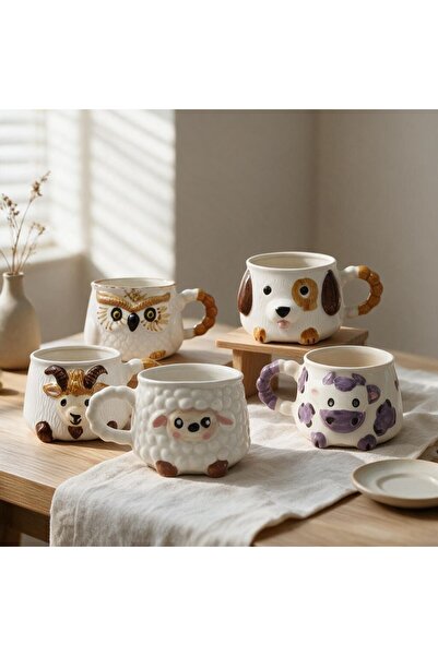 sharp&art Cute Animals 5-Piece Ceramic Mug Set, 2D Relief Pattern, Hand-Craft...