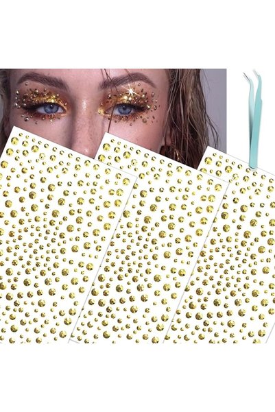 Tazweeq Gold Face Gems Glitter, 3pcs Stereo Gem Stickers, Hair Gems Rhineston...