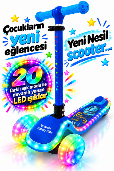 UniCare Galaxy Ride Yeni Nesil 3-9 Yaş Işıklı Çocuk Scooterı 20 LED Işık Modl...