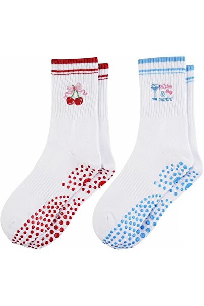 GENERAL floconssy Pilates Socks for Women, Grip Yoga Crew Embroidery Cute Soc...