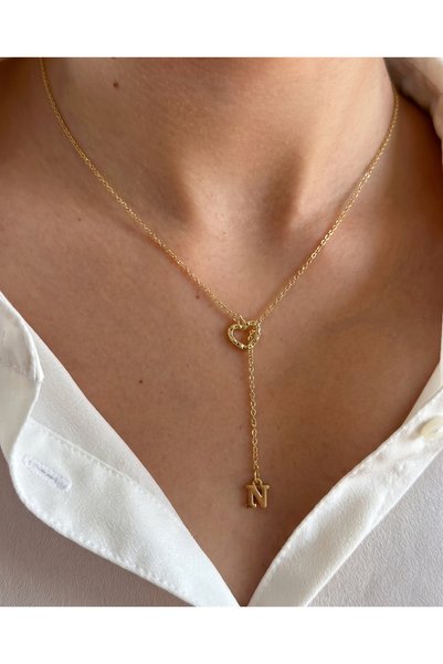 Gleemy accesories Kişiye Özel Harf Detaylı Kalpli Y Kolye -Gold Zarif Kadın K...