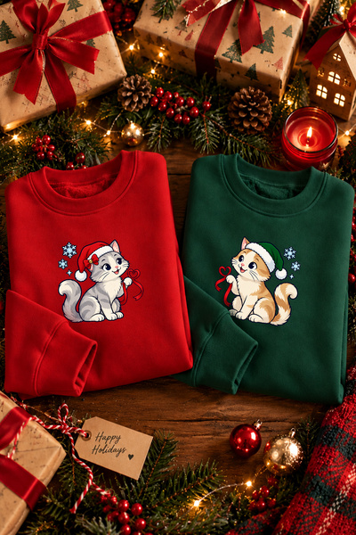 Vordevia Christmas Themed Cute Cat Printed Crew Neck Red Green Winter Lover's...