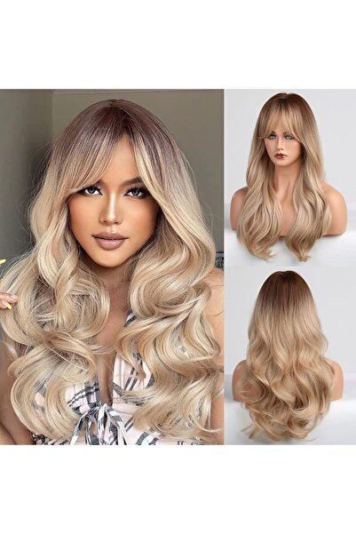 haircube Long Blonde Wigs for Women Wave Curly Wig with Bangs Natural Brown R...