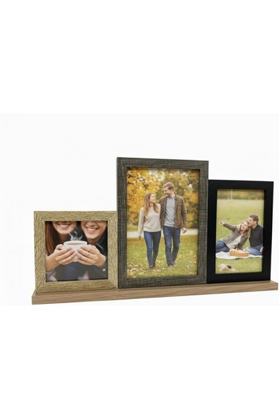 Generic AASAI CART | Rustic Triple Picture Frame Set, Distressed Gray and Black Wood Frames with Oak Display Shelf, Tabletop Photo Display