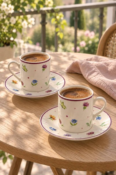 NEWNOW Fleurina 2-Piece Porcelain Coffee Cup Set with Floral Patterned Saucers Turkish Coffee Cup Set